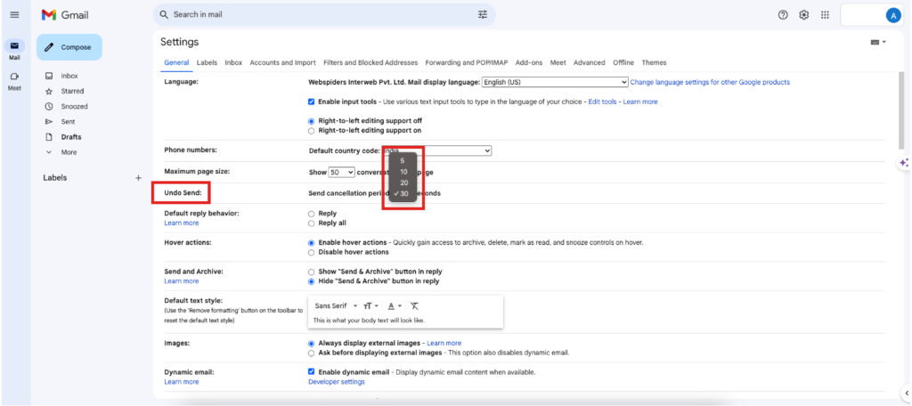 increase recall mail time in gmail